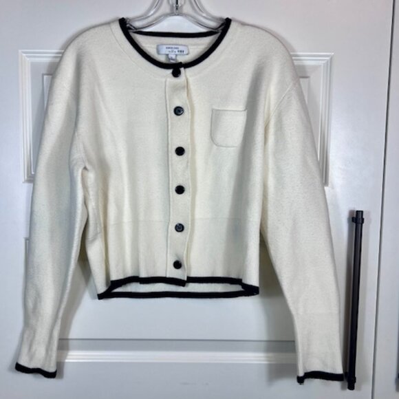 Eudon Choi Cream Black Trim Cropped Button Front Cardigan Sweater Size L - Picture 2 of 6